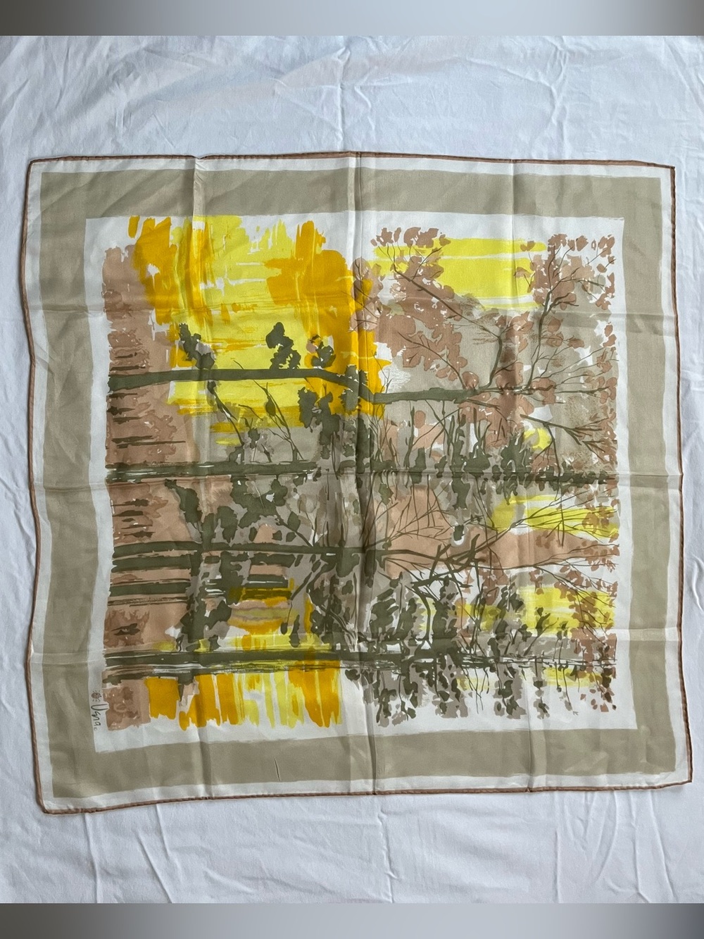 Vintage Neutral Nature Print Silk Scarf - Beige, Olive, Brown